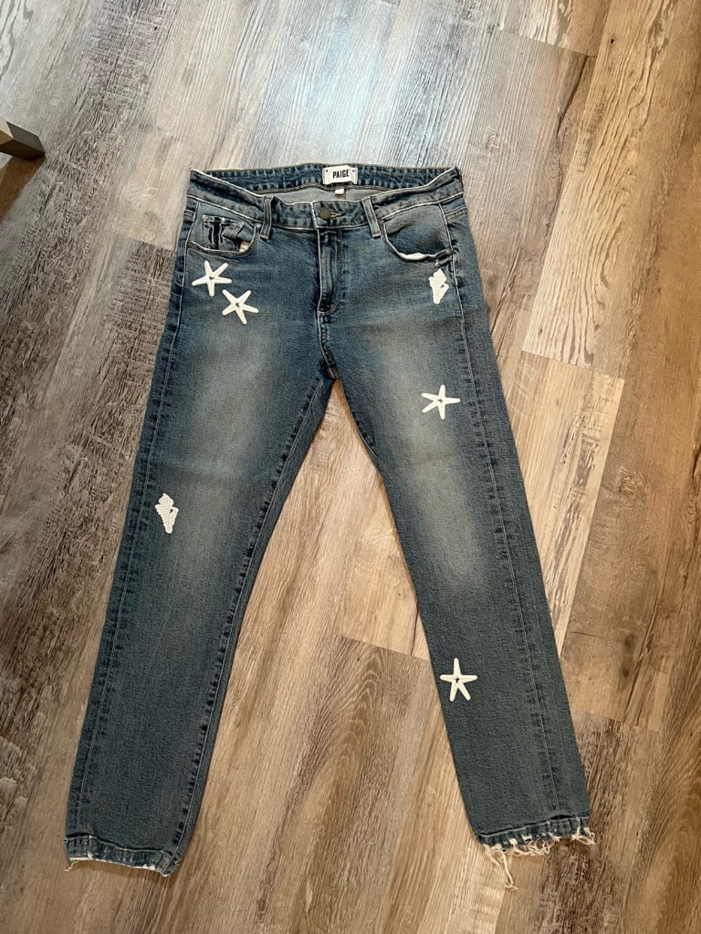 PAIGE Dark Blue Skinny Jeans with White Star Appliqués